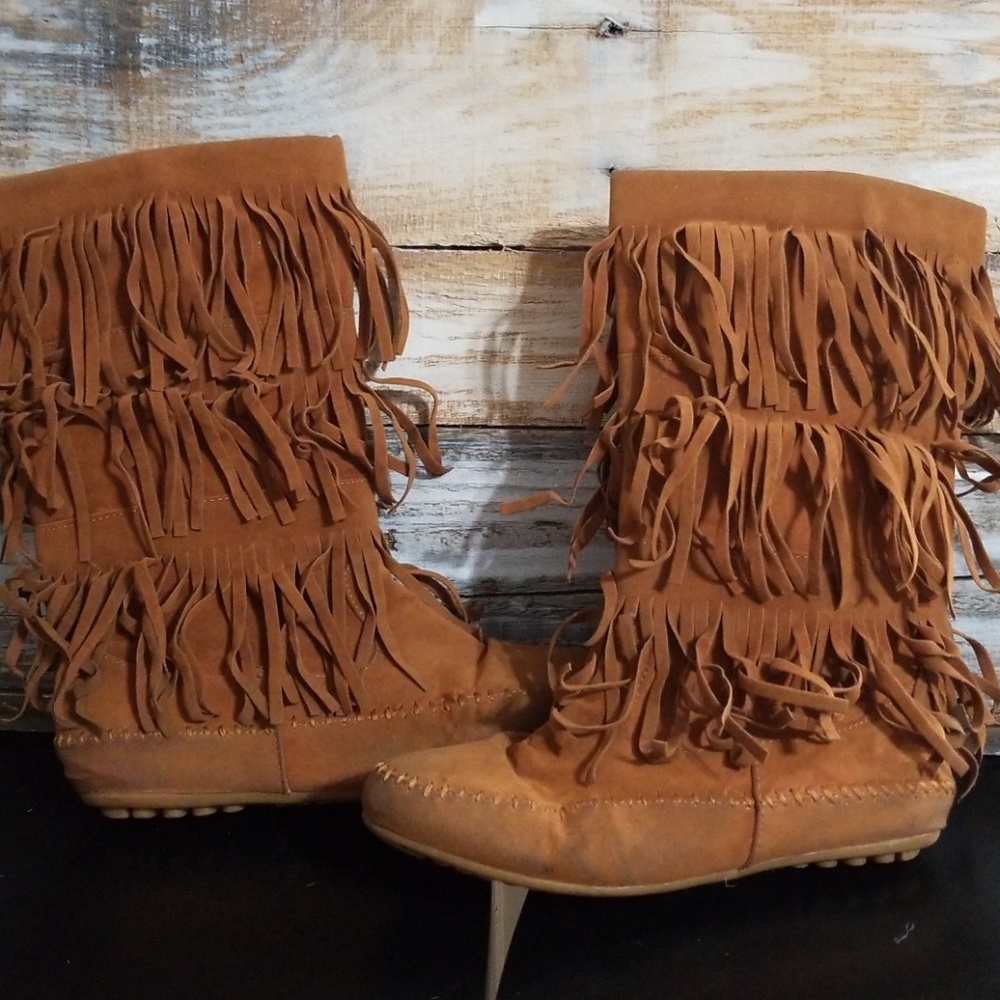 Fringed moccasin style mid calf boot